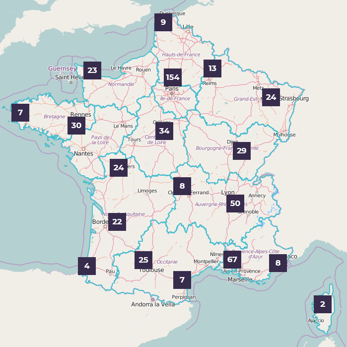 Carte de France des installations contrôlées par l'ASNR