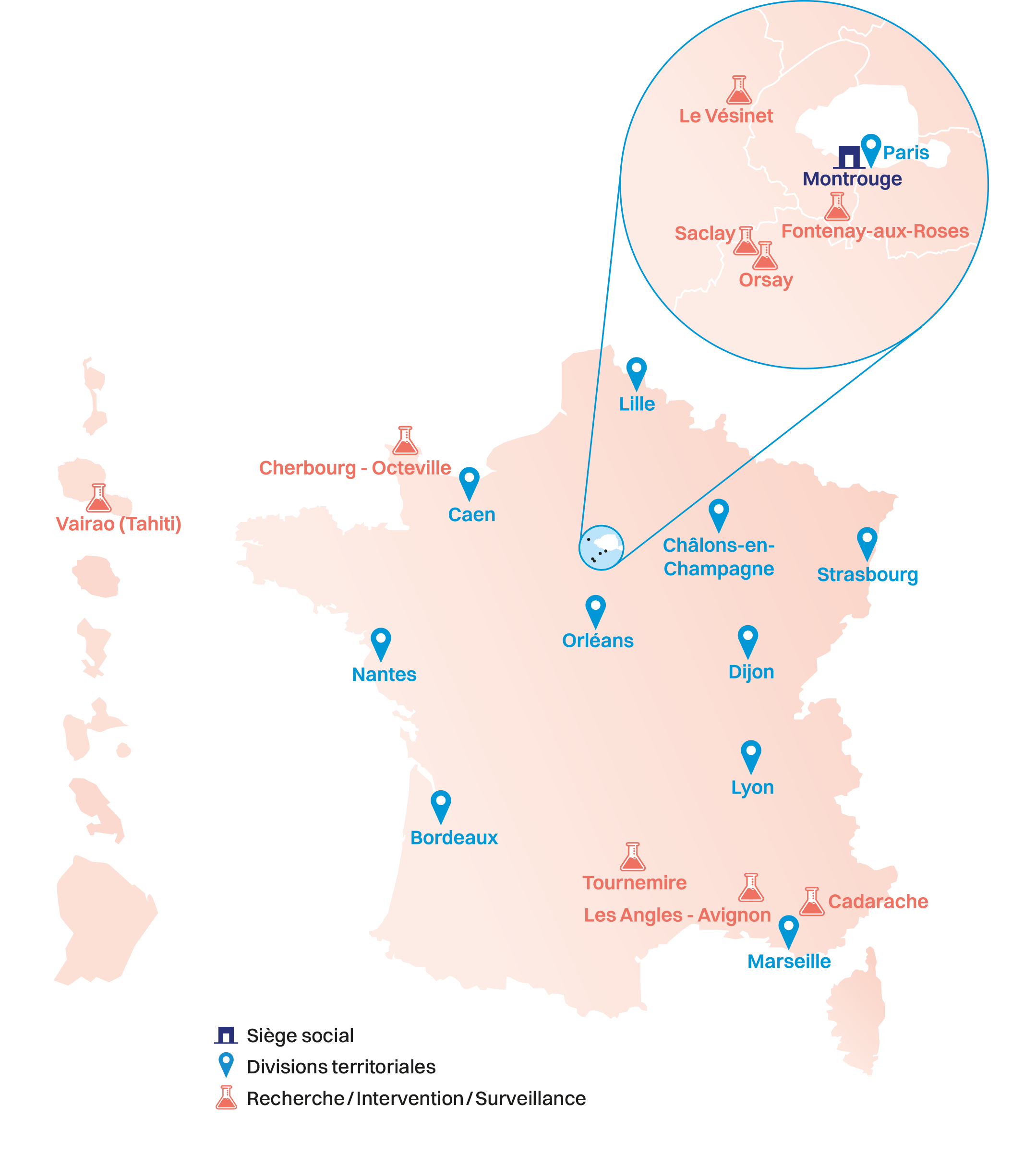 Carte des implantations géographiques de l'ASNR