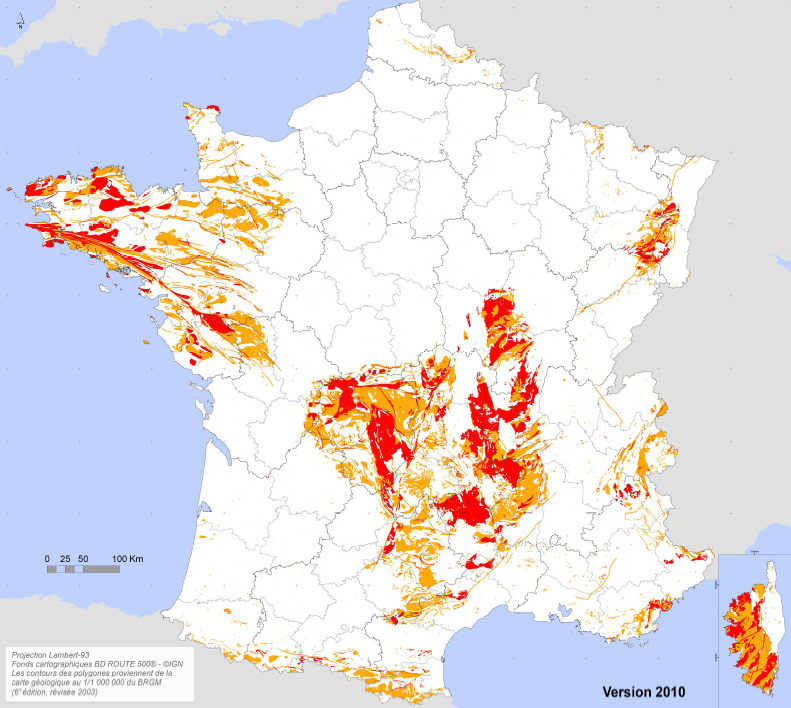 Carte de France des zones d'exalation de radon